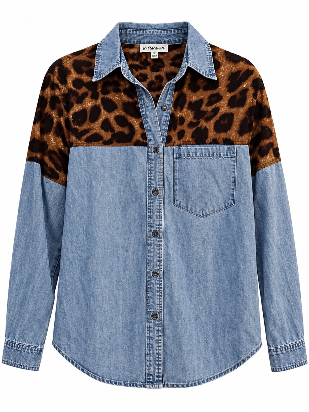 Macaron Leopard Print Denim Button-Up Shirt | Size Small